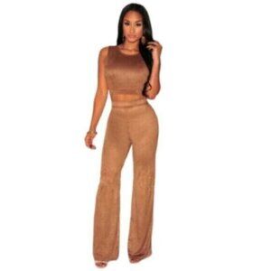 Vintage Mocha Suede Two Piece Pants Set - Crop Top